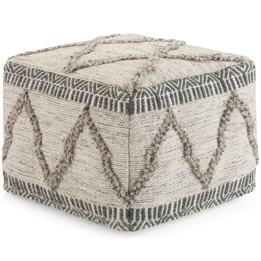 SIMPLIHOME Sweeney Square Pouf - 18 inch Wide Upholstered Wool and Cotton Handloom Woven Ottoman in Grey and Natural, Boho-Style Footstool, Extra Seating or Accent Piece for Living Room, Assembled