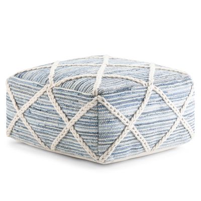 SIMPLIHOME Cowan Square Pouf - 20 inch Wide Handloom Woven Wool and Cotton Ottoman in Blue and Natural, Contemporary Footstool or Extra Seating for Living Room, Bedroom, or Kids Room, Assembled