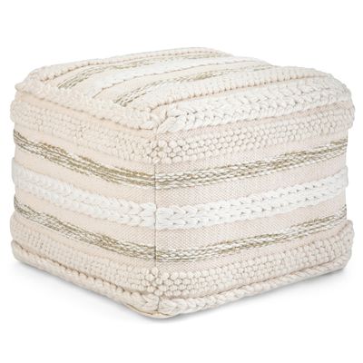 SIMPLIHOME Sommer Square Pouf - 18 inch Wide Upholstered Handloom Woven Cotton Ottoman in Natural, Boho-Style Footstool, Extra Seating or Accent Piece for Living Room or Bedroom, Assembled