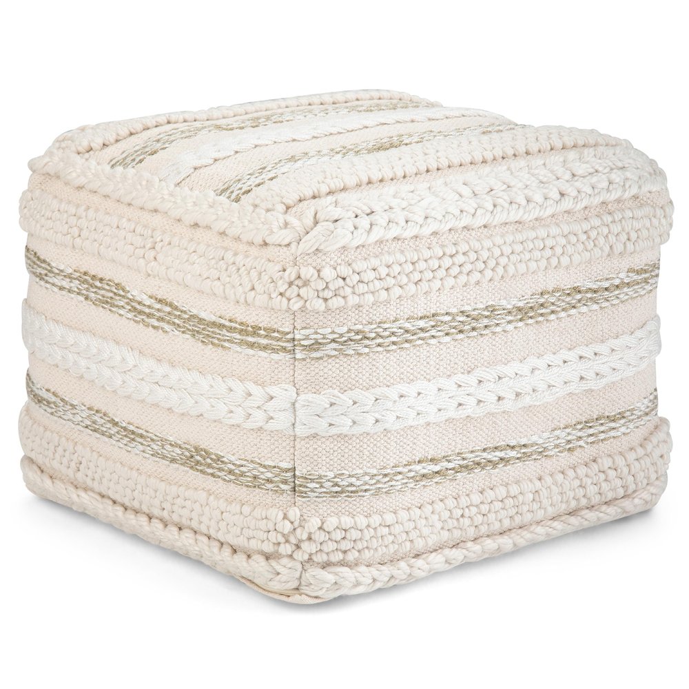SIMPLIHOME Sommer Square Pouf - 18 inch Wide Upholstered Handloom Woven Cotton Ottoman in Natural, Boho-Style Footstool, Extra Seating or Accent Piece for Living Room or Bedroom, Assembled
