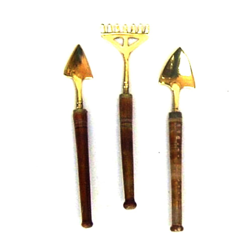 India Overseas Trading Corporation Decorational Mini Garden Tools Set, 3 Piece Solid Brass with Wooden Handles Gardening Tool Set Mini Shovel Trowel Gardening Tools