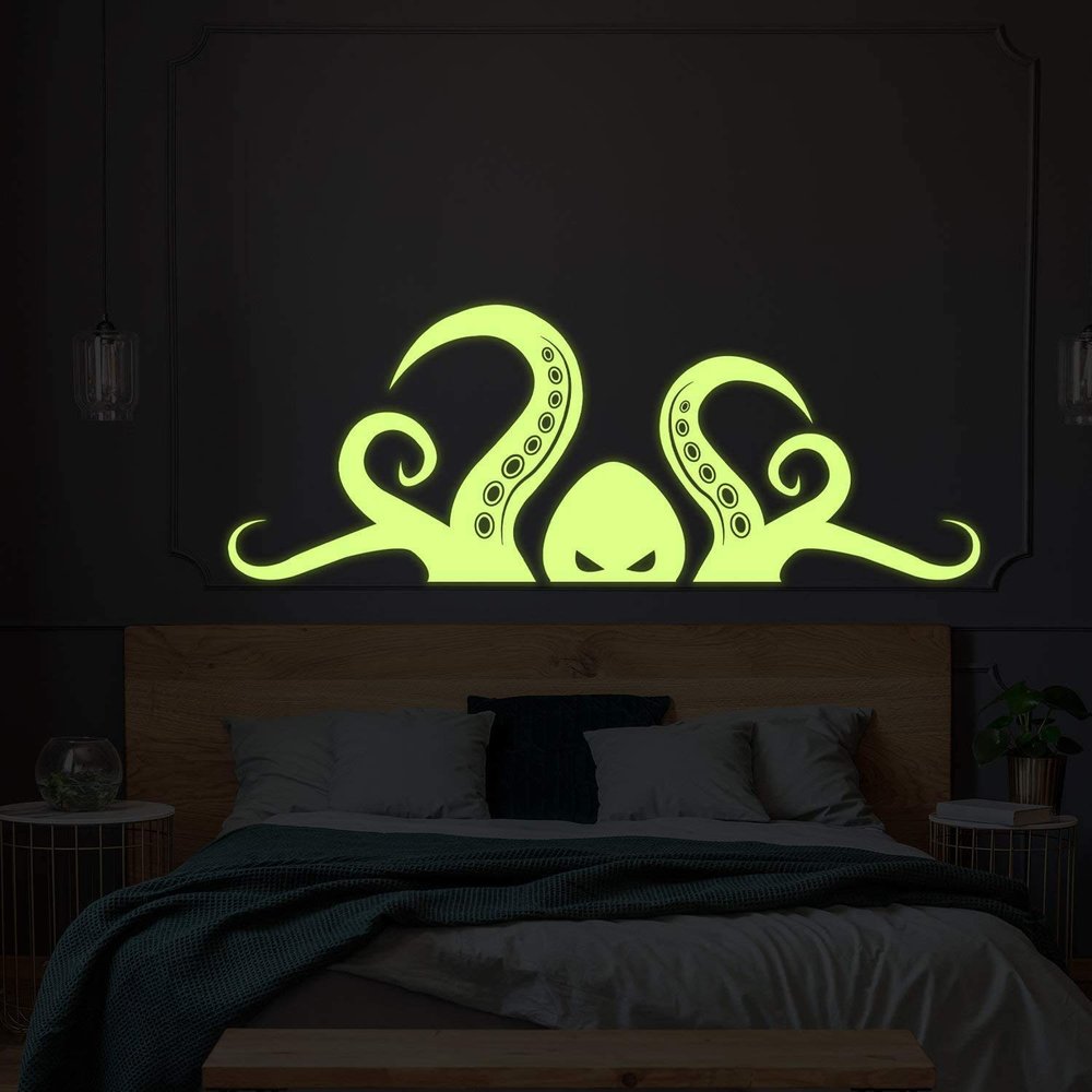 Glow in Dark Octopus Tentacle Vinyl Wall Art Sticker - Night Glowing Bathroom Squid Kraken Decor Decal - Realistic Luminescent Light Ghost