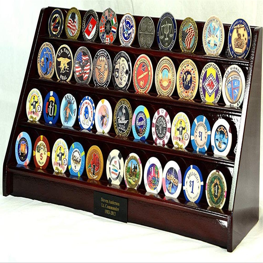 flag connections 4 Rows 40 Challenge Coin Casino Chip Display Case Rack Holder Stand for Table Shelf Desk Cherry