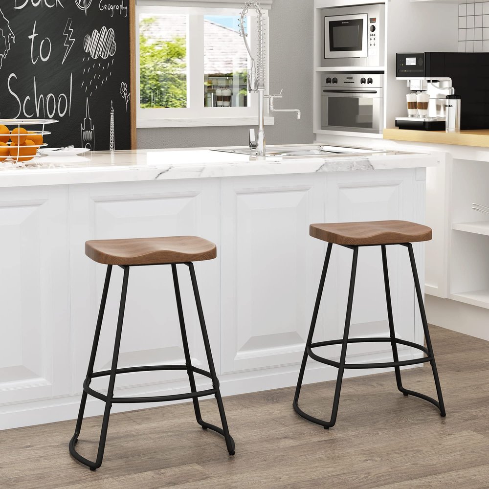 Andeworld 24" Swivel Bar Stools Set of 2 Industrial Counter Height Stools with Wooden Seats Modern Metal Barstools