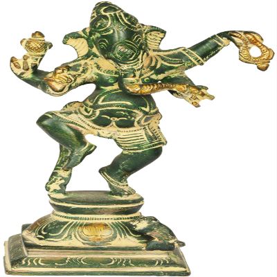 Exotic India Dancing Baby Ganesha - Brass Sculpture - Color Amazing Patina Gold Color