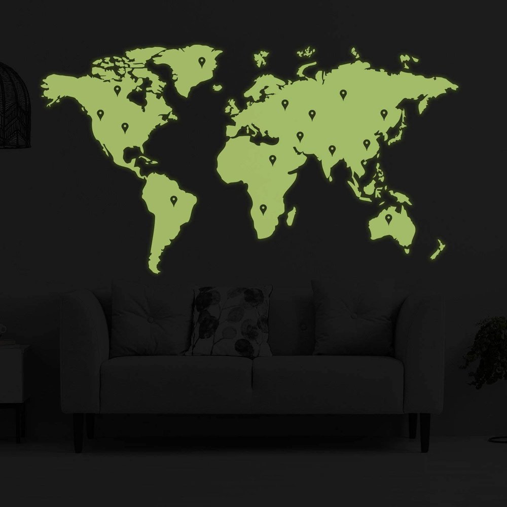 Glow in Dark World Map Vinyl Sticker - Night Glowing Wall Art Vinyl of The Decor Decal Label - Realistic Luminescent Light Ghost