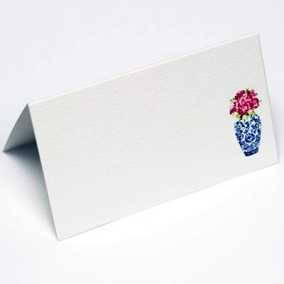 Nancy Nikko Place Cards with Blue and White Ginger Jar with Pink Flowers for Weddings, Showers, and Dinner Parties. Table Tent Style, Scored for Easy Folding. Available in Pkgs of 12/25 / 50 (50)