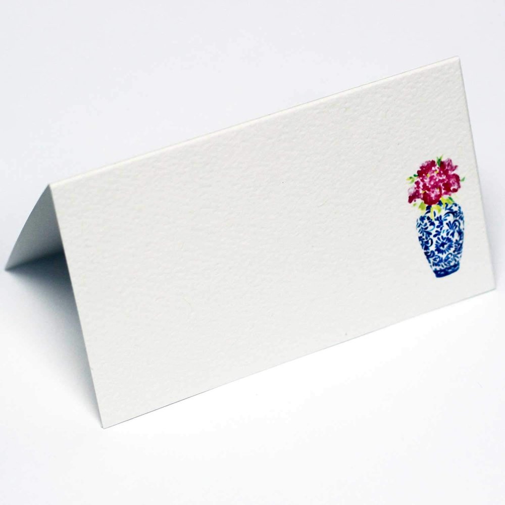 Nancy Nikko Place Cards with Blue and White Ginger Jar with Pink Flowers for Weddings, Showers, and Dinner Parties. Table Tent Style, Scored for Easy Folding. Available in Pkgs of 12/25 / 50 (50)