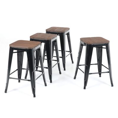 ALPHA HOME 24" Barstools Set of 4 Counter Height Metal Bar Stools with Wood Seat, Vintage Metal Backless Distressed Metal Finish for Industrial Appeal, Glossy Black