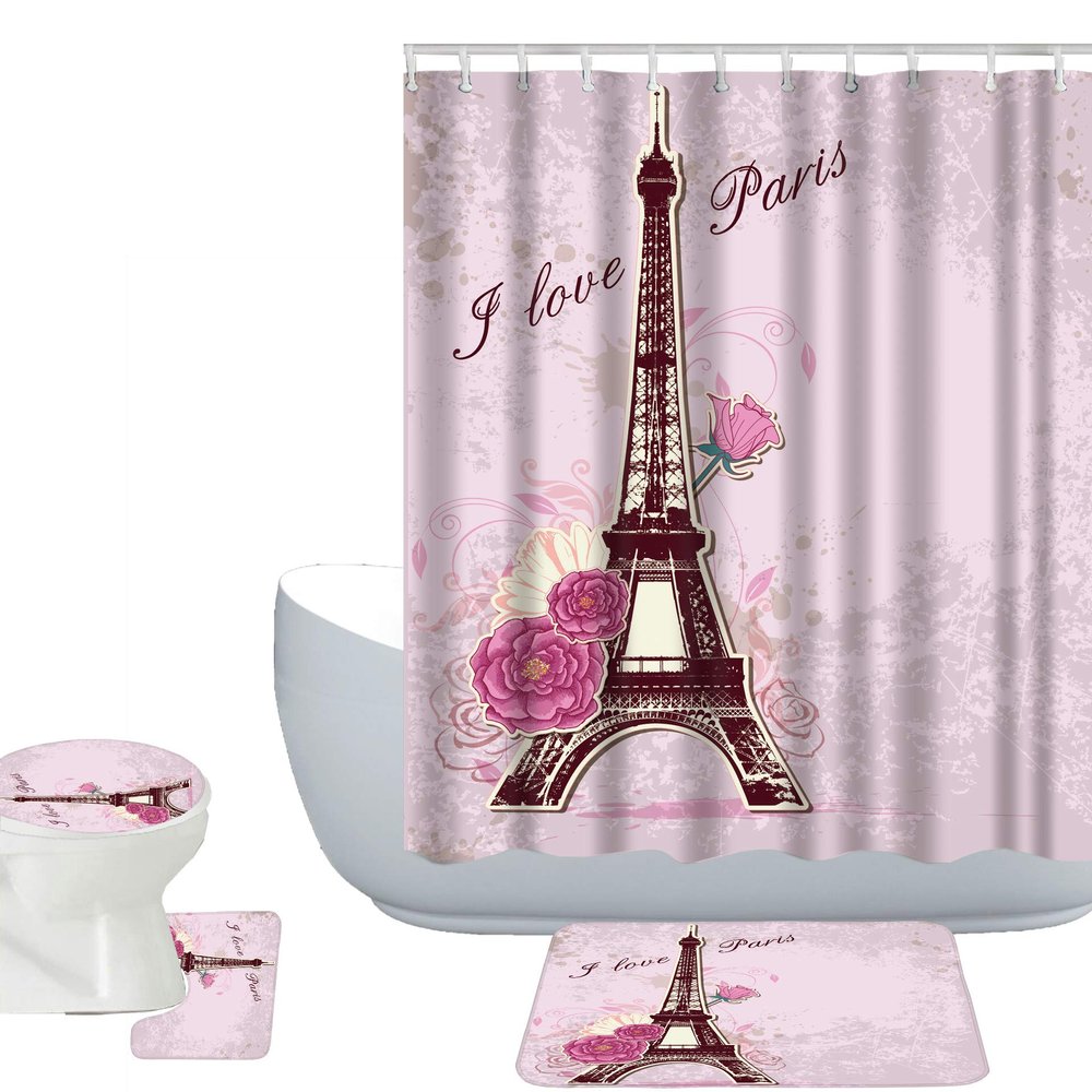 Amagical Paris Eiffel Tower with Roses Pink Background 16 Piece Bathroom Mat Set Shower Curtain Set Bath Mat Contour Mat Toilet Cover Waterproof Shower Curtain and 12 Hooks