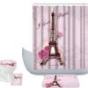 Amagical Paris Eiffel Tower with Roses Pink Background 16 Piece Bathroom Mat Set Shower Curtain Set Bath Mat Contour Mat Toilet Cover Waterproof Shower Curtain and 12 Hooks view 1