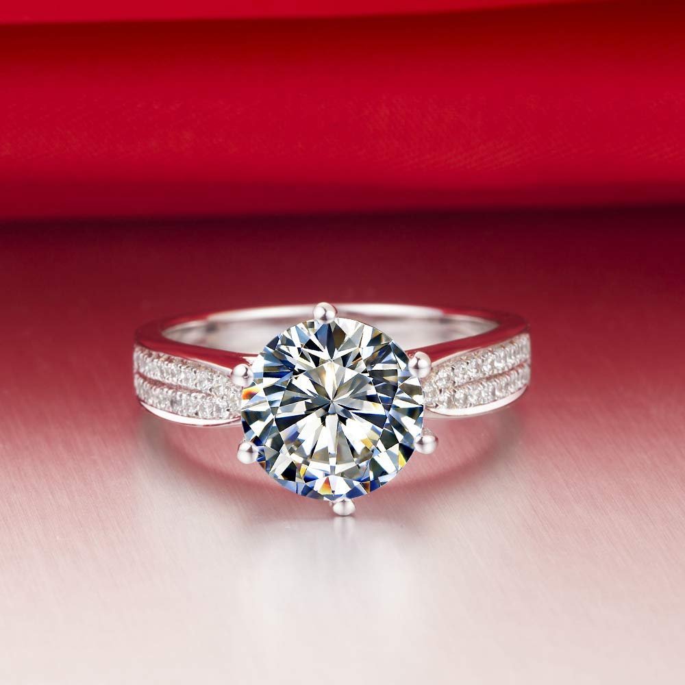 Bansriracha Guarantee Silver 925 2carat Star Simulate Diamond Ring Engagement Sterling Silver Ring Plated White Gold 18K Semi Mount Paved (10.5)