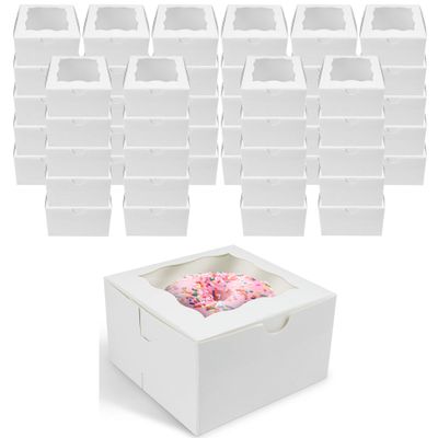 O'CREME [50 Pack] Small Bakery Cake Boxes With Window, 4x4x2.5, Cupcakes Donuts Cookies Pastries, For Wedding Treats Party Favors Showers Gift, White Paper Kraft Cardboard Mini Packaging Containers