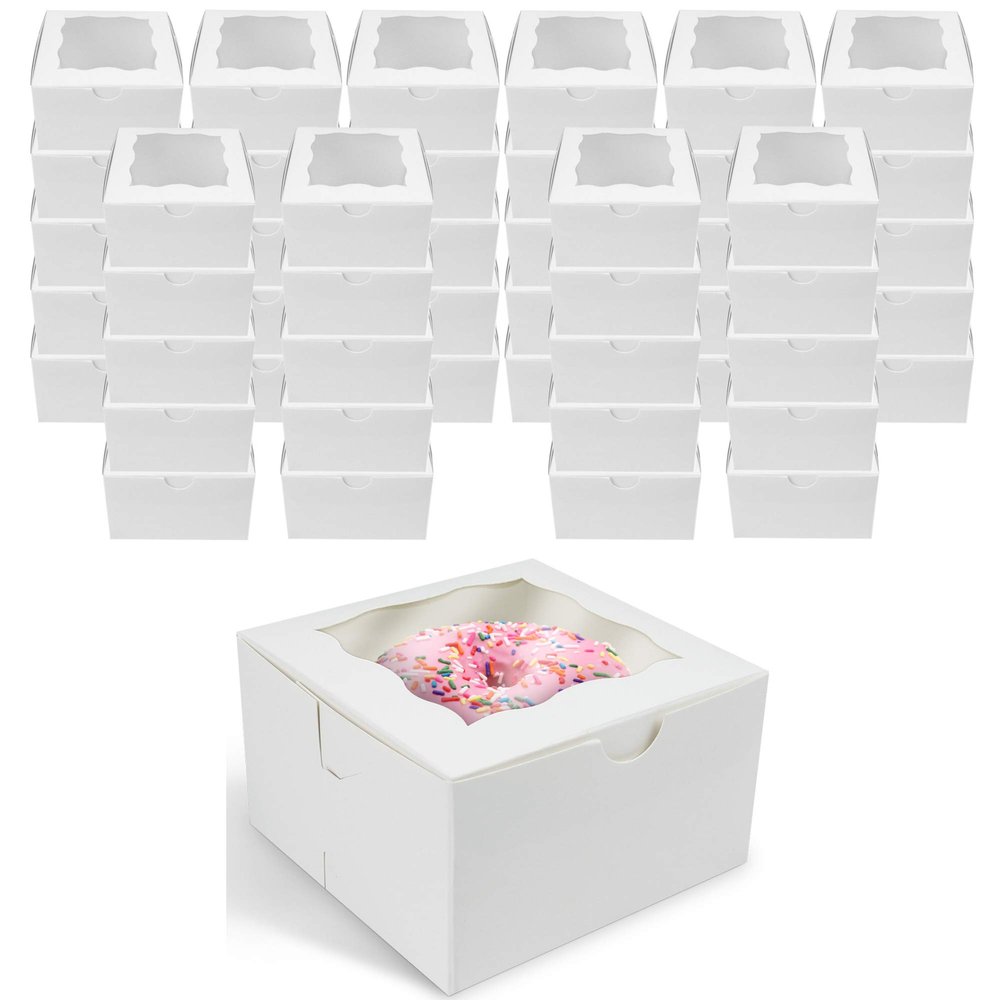 O'CREME [50 Pack] Small Bakery Cake Boxes With Window, 4x4x2.5, Cupcakes Donuts Cookies Pastries, For Wedding Treats Party Favors Showers Gift, White Paper Kraft Cardboard Mini Packaging Containers