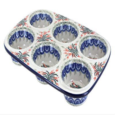 Blue Rose Polish Pottery - Orange Spring Tulip Muffin Pan - 11.5" x 8" - Ceramic Baking Dish, 6-Cup Muffin & Cupcake Pan