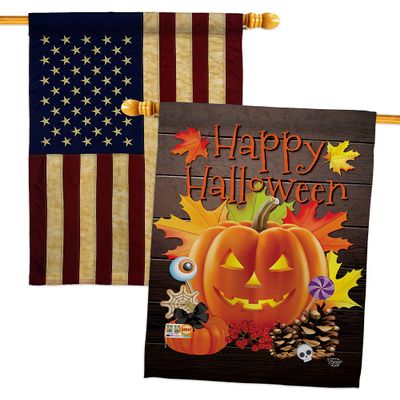 Evil Halloween Pumpkin House Flags Pack Falltime Witch Trick or Treat Spooky Night Black Cat Season Autumntime USA Vintage Applique Small Decorative Gift Yard Banner Double-Sided Made In 28 X 40