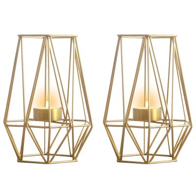 2 Pcs Metal Hexagon Shaped Geometric Design Tea Light Votive Candle Holders, Iron Hollow Tealight Candle Holders for Vintage Wedding Home Decoration, Gold (L + L)