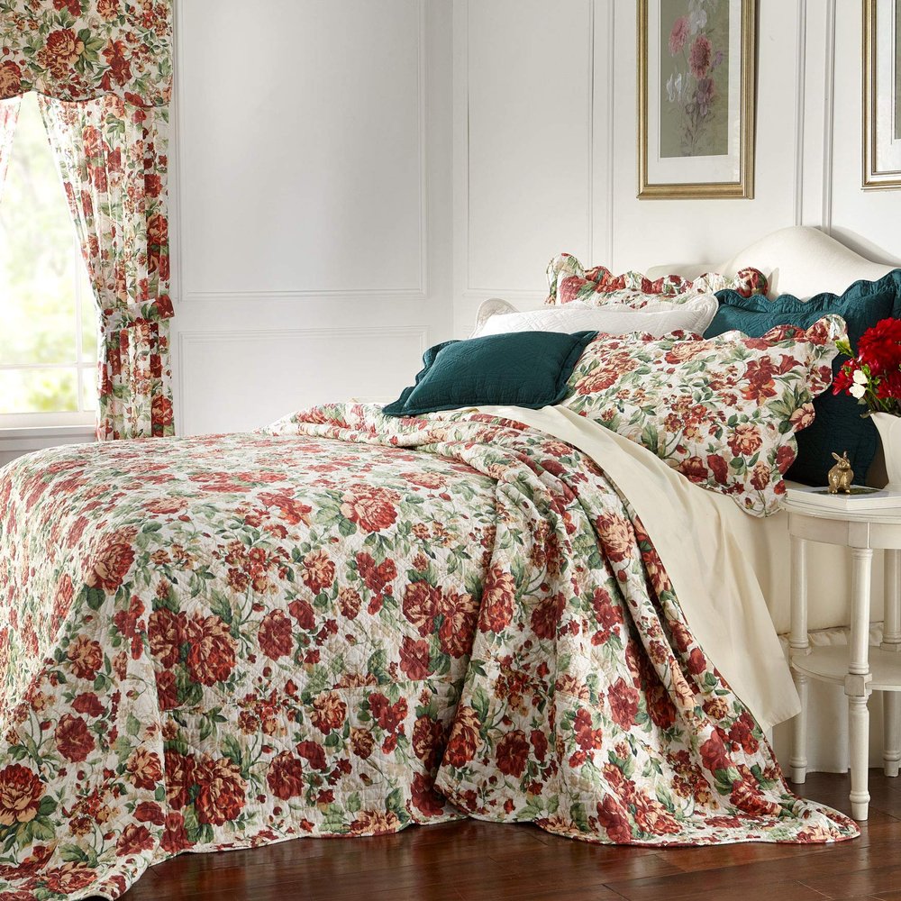 BrylaneHome Bedding Lightweight All Season Florence Quilted Oversized 100% Cotton Ultra Supreme Softness Bedspread - Full, Spice Floral Multi