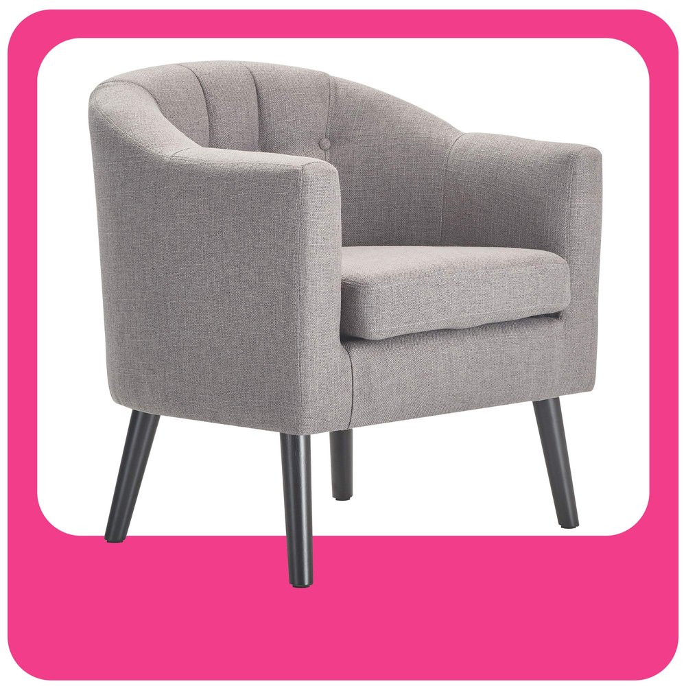 Adore Decor Ivey Barrel Chair, Button Tufted Plush Back Cushion, Luxury Black Wooden Legs, Modern Living Room Upholstery Accent Furniture, Gray Weave