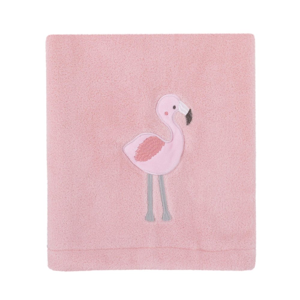 Nojo Tropical Flamingo Pink Plush Coral Fleece Baby Blanket With Applique, Pink, White, Aqua
