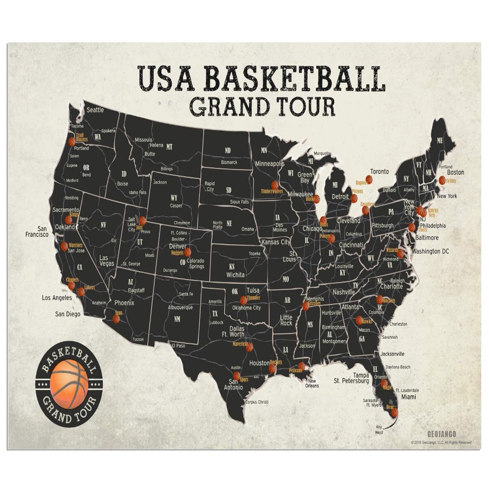 GEOJANGO Basketball Stadium Map Poster (36x24) - NBA Team Locations, Satin Finish, Black, Brown, Tan, Beige