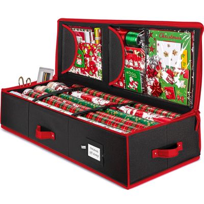 ZOBER Gift Wrapping Paper Organizer Storage - 40" Gift Wrap Storage Containers with Interior Pockets for Bows, Tags & Ribbons - Wrapping Paper Holder, 600D Oxford, Fits 24 Standard Rolls, Black/Red