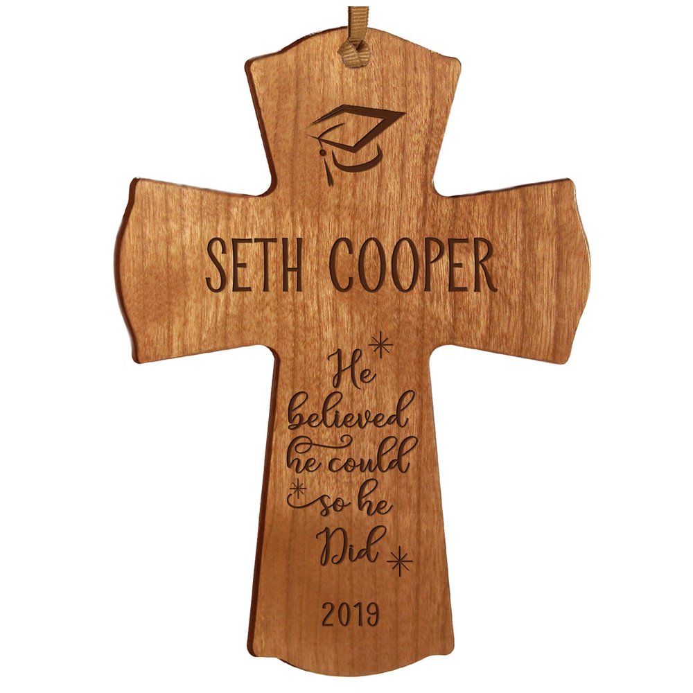 LifeSong Milestones Personalized Cross - Graduation Party Decorations - Graduation Gift for Her Him Daughter Son Unique Graduate Ideas 4 x 6 He Believed (Cherry)