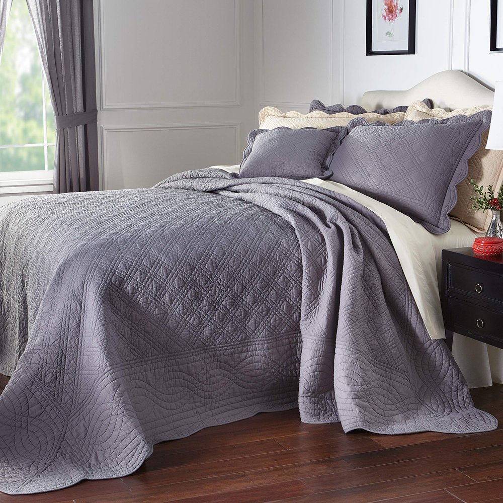 BrylaneHome Bedding Lightweight All Season Florence Quilted Oversized 100% Cotton Ultra Supreme Softness Bedspread - King, Gray