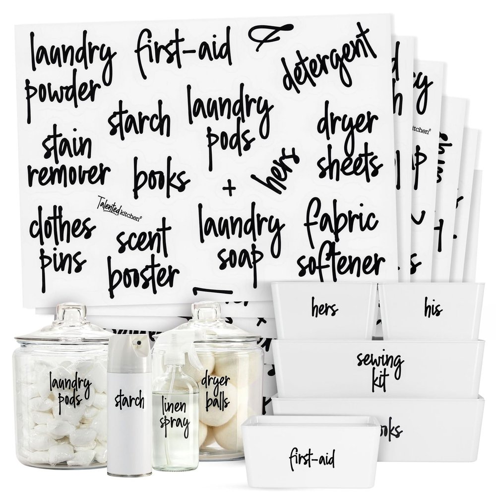 Talented Kitchen Laundry Labels for Jars & Containers - 141 Count, White Vinyl, Modern Script - Laundry Room Organization & Kitchen Organization with Food Container Labels and Water-Resistant Adhesive