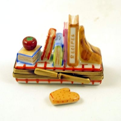 Authentic French Porcelain Hand Painted Limoges Trinket Box Book Shelf with Cook Books Tomato Pot Holder