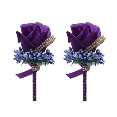 BUUEERR Pack of 2 Satin Rose Boutonniere Buttonholes Groom Groomsman Best Man Rose Wedding Flowers Accessories Prom Suit Decoration Boutineers for Men Wedding, Prom, Party,Homecoming (Deep Purple)
