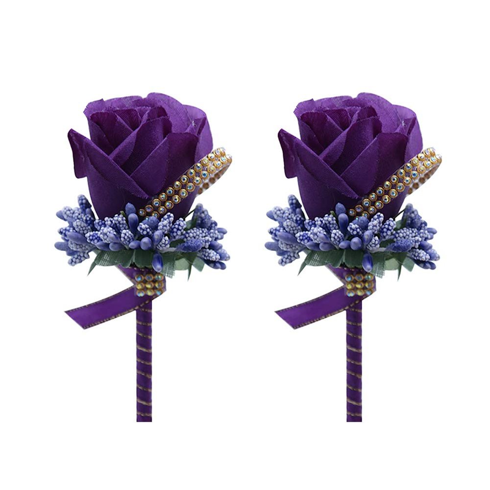 BUUEERR Pack of 2 Satin Rose Boutonniere Buttonholes Groom Groomsman Best Man Rose Wedding Flowers Accessories Prom Suit Decoration Boutineers for Men Wedding, Prom, Party,Homecoming (Deep Purple)