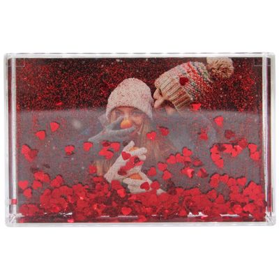 Adventa Glitter Photo Frame, Acrylic Picture Frame Holds 10 x 15 cm (4 x 6 inch) Clear Frameless Desktop Photo Block with Glitter Hearts (Red) - Ideal Personalised Gifts, Father's Day Presents