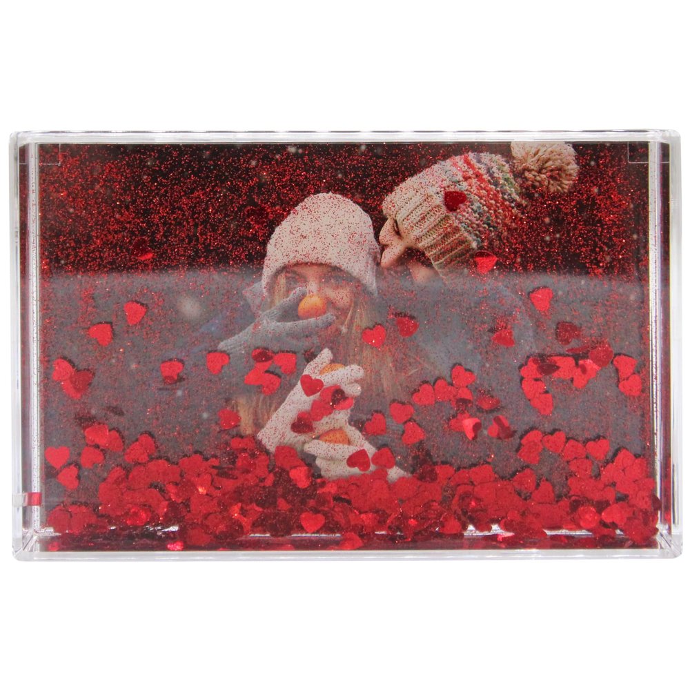 Adventa Glitter Photo Frame, Acrylic Picture Frame Holds 10 x 15 cm (4 x 6 inch) Clear Frameless Desktop Photo Block with Glitter Hearts (Red) - Ideal Personalised Gifts, Father's Day Presents