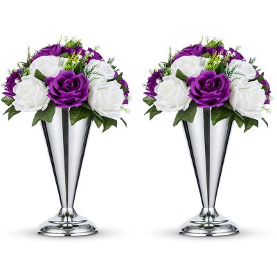 2 Pcs Tabletop Silver Metal Wedding Flower Trumpet Vase, 9.8 inch Table Decorative Centerpiece Artificial Flower Arrangements for Anniversary Ceremony Party Birthday Event Aisle Home Decoration