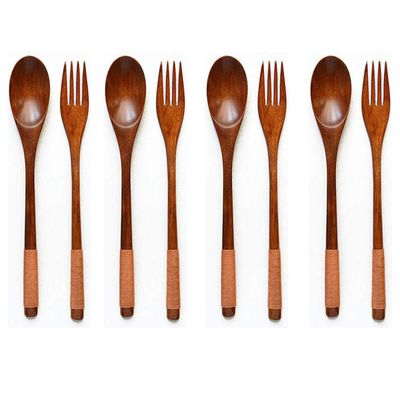 XMHF Wooden 9 inch Japanese Spoon Fork Set Kitchen Tableware Dinnerware Flatware Natural Wood Cutlery Wooden Dinner Utensil Set, 3 Spoons and 3 Forks (Brown Tied Line)
