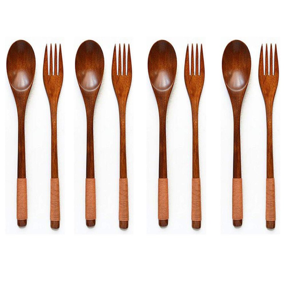 XMHF Wooden 9 inch Japanese Spoon Fork Set Kitchen Tableware Dinnerware Flatware Natural Wood Cutlery Wooden Dinner Utensil Set, 3 Spoons and 3 Forks (Brown Tied Line)