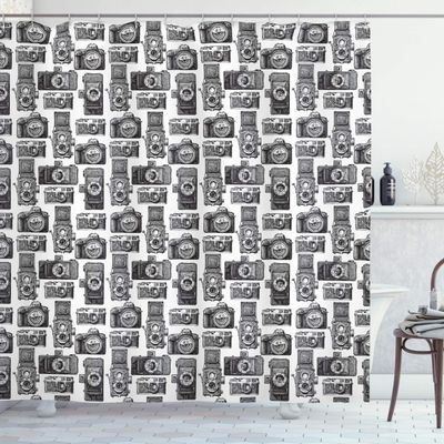 Ambesonne Camera Shower Curtain, Antique Analog Film Recording Instruments Engraved Professional Photographer, Cloth Fabric Bathroom Decor Set with Hooks, 69" W x 84" L, Black and White