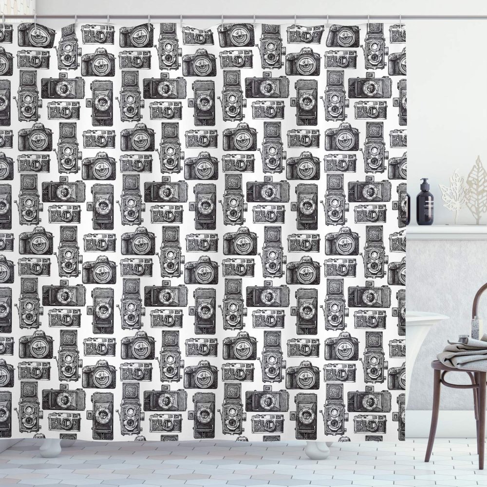 Ambesonne Camera Shower Curtain, Antique Analog Film Recording Instruments Engraved Professional Photographer, Cloth Fabric Bathroom Decor Set with Hooks, 69" W x 84" L, Black and White