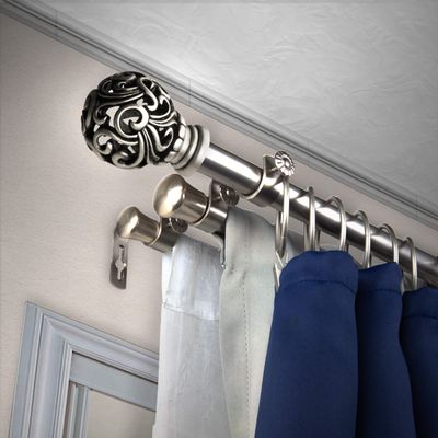 A&F Rod Dcor - Baroque 13/16" Triple Curtain Rod 120-170 inch - Satin Nickel