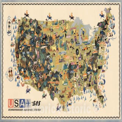 Historic Pictoric SAS World Airline Routes 1961 USA Pictorial Map Print - Scandinavian Airlines - 70in x 44in
