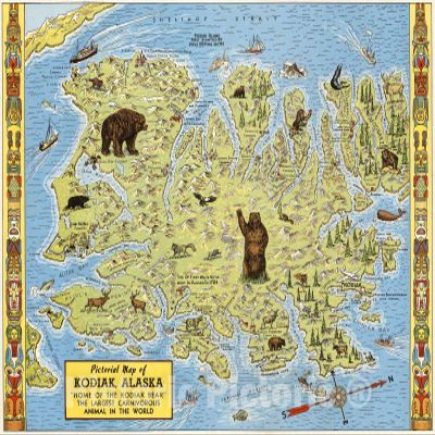 Kodiak Island, Alaska Pictorial Map 1948 - Historical Map Print - 57in x 44in