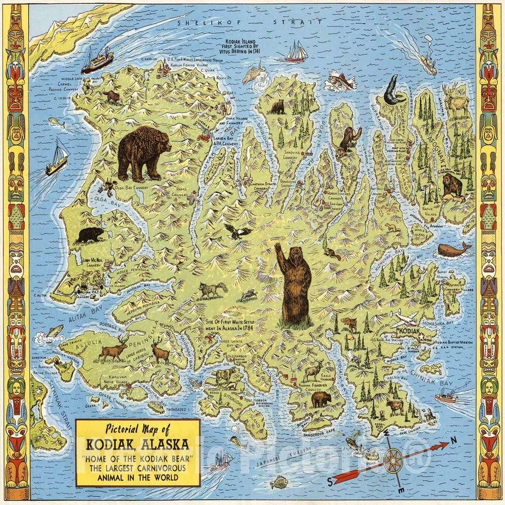 Kodiak Island, Alaska Pictorial Map 1948 - Historical Map Print - 57in x 44in