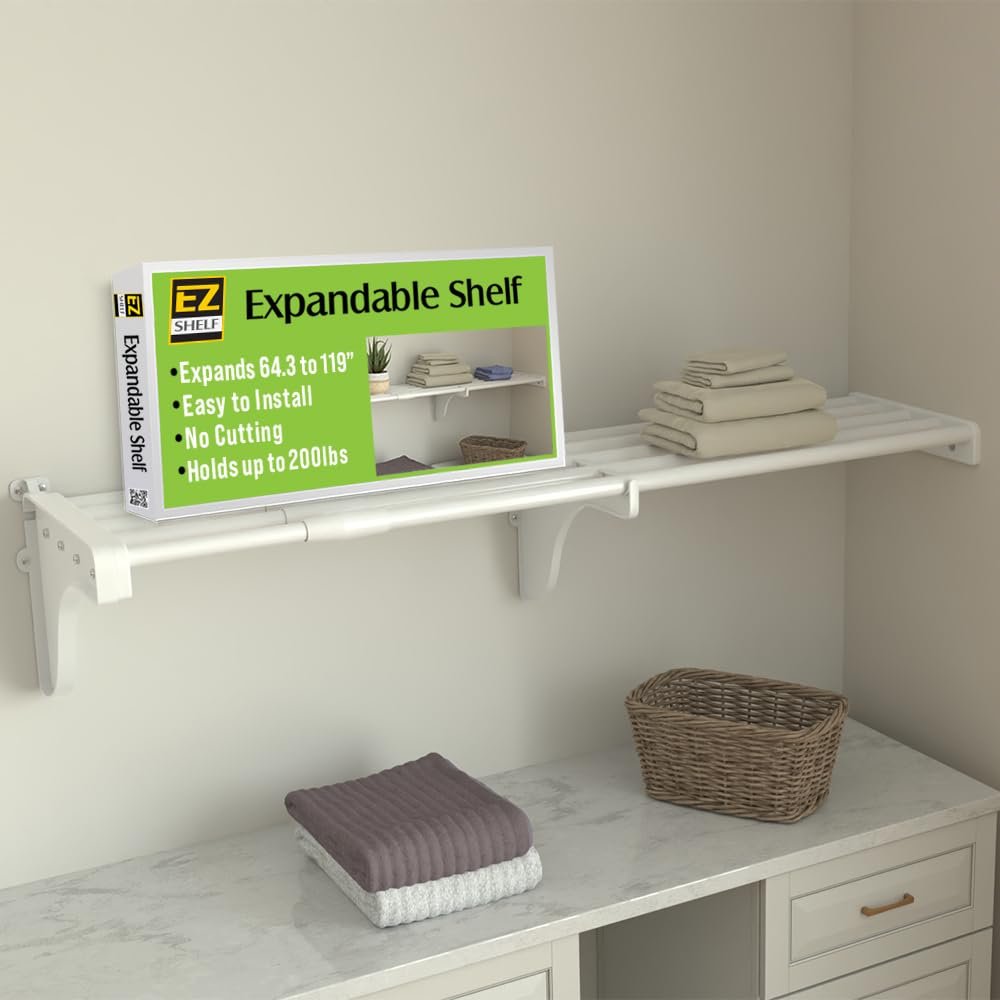 EZ Shelf-Expandable-Closet Shelf (NO Hanging Rod)- 64.3 - 119 -White- Easy Install to 1 Sidewall and Backwall (EZS-SW118-1-1) -Wire Closet Shelving Alternative