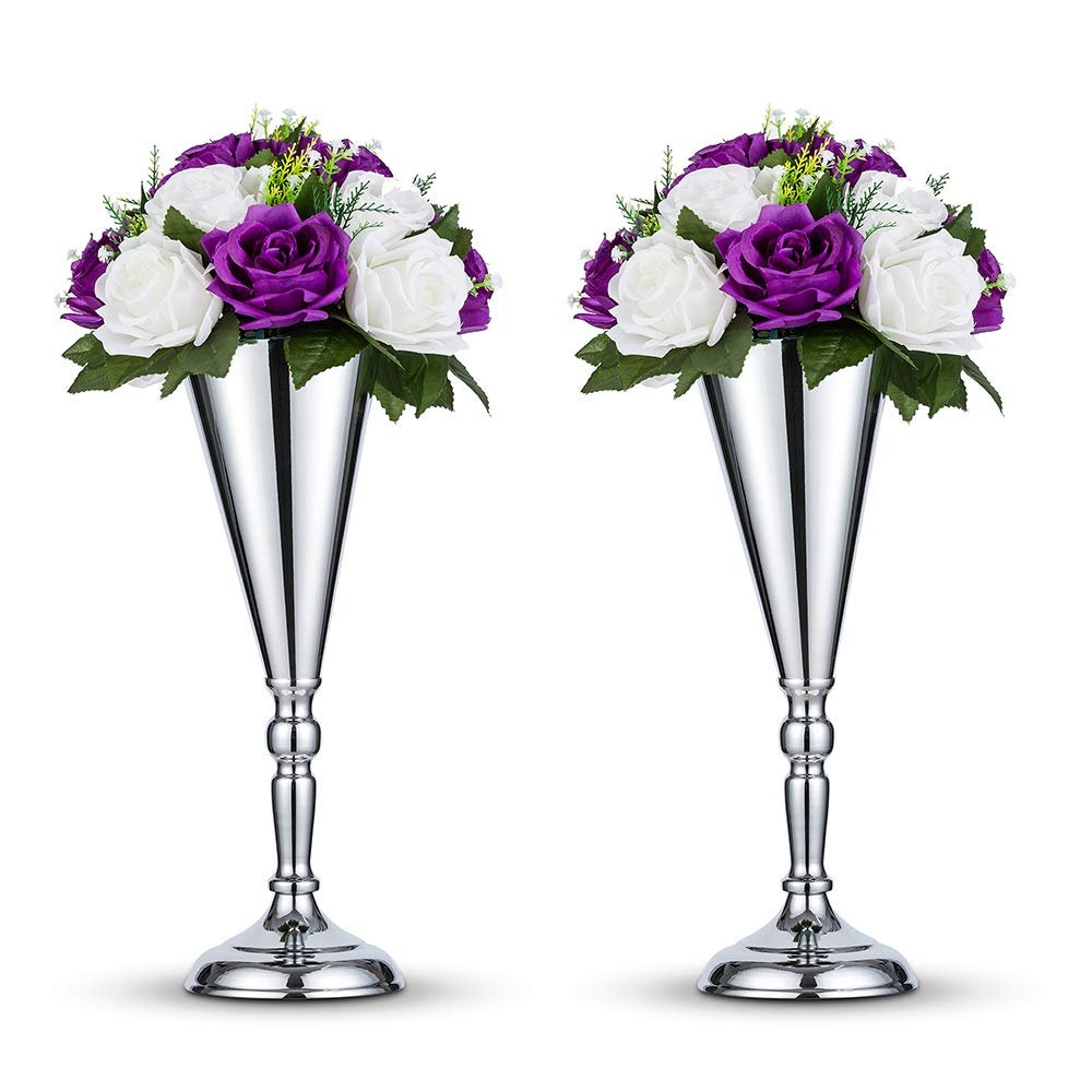 2 Pcs/ Set Tabletop Silver Metal Wedding Flower Trumpet Vase Table Decorative Centerpiece Artificial Flower Arrangements for Anniversary Ceremony Party Birthday Event Aisle Home Decoration