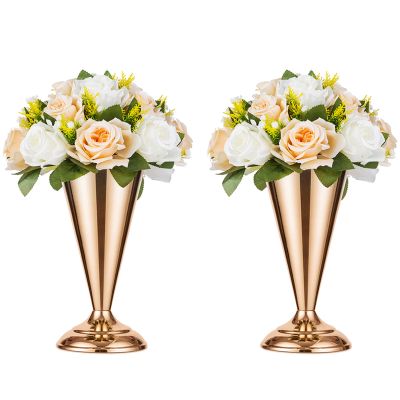 2 Pcs Tabletop Metal Wedding Flower Trumpet Vase, 9.8 inch Table Decorative Centerpiece, Artificial Flower Arrangements for Anniversary Ceremony Party Birthday Event Aisle Home Decoration (Gold)
