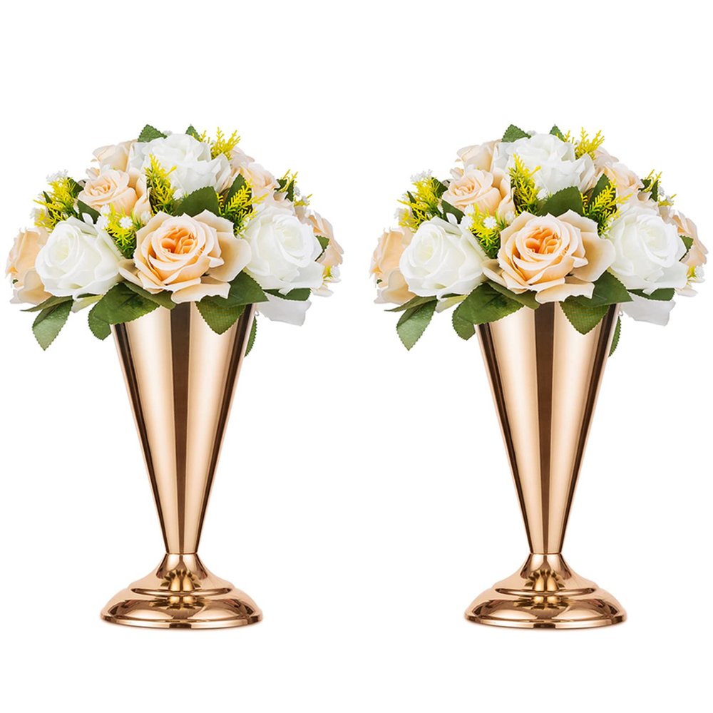 2 Pcs Tabletop Metal Wedding Flower Trumpet Vase, 9.8 inch Table Decorative Centerpiece, Artificial Flower Arrangements for Anniversary Ceremony Party Birthday Event Aisle Home Decoration (Gold)