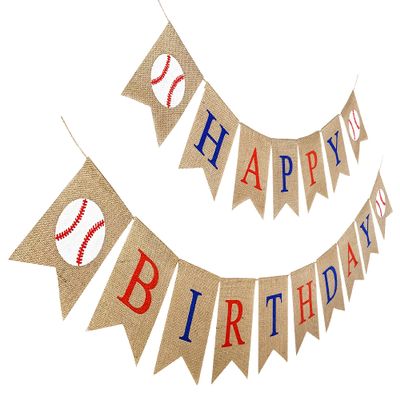Burlap Baseball Happy Birthday Banner, Jute Baseball Party Sign, Pre Stung Bday Bunting Decoration