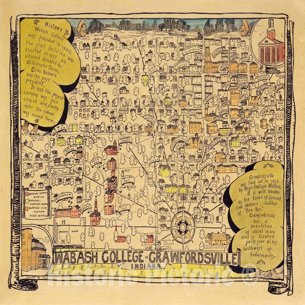 Crawfordsville Indiana Pictorial Map 1928 - Wabash College Historical Print - 57in x 44in