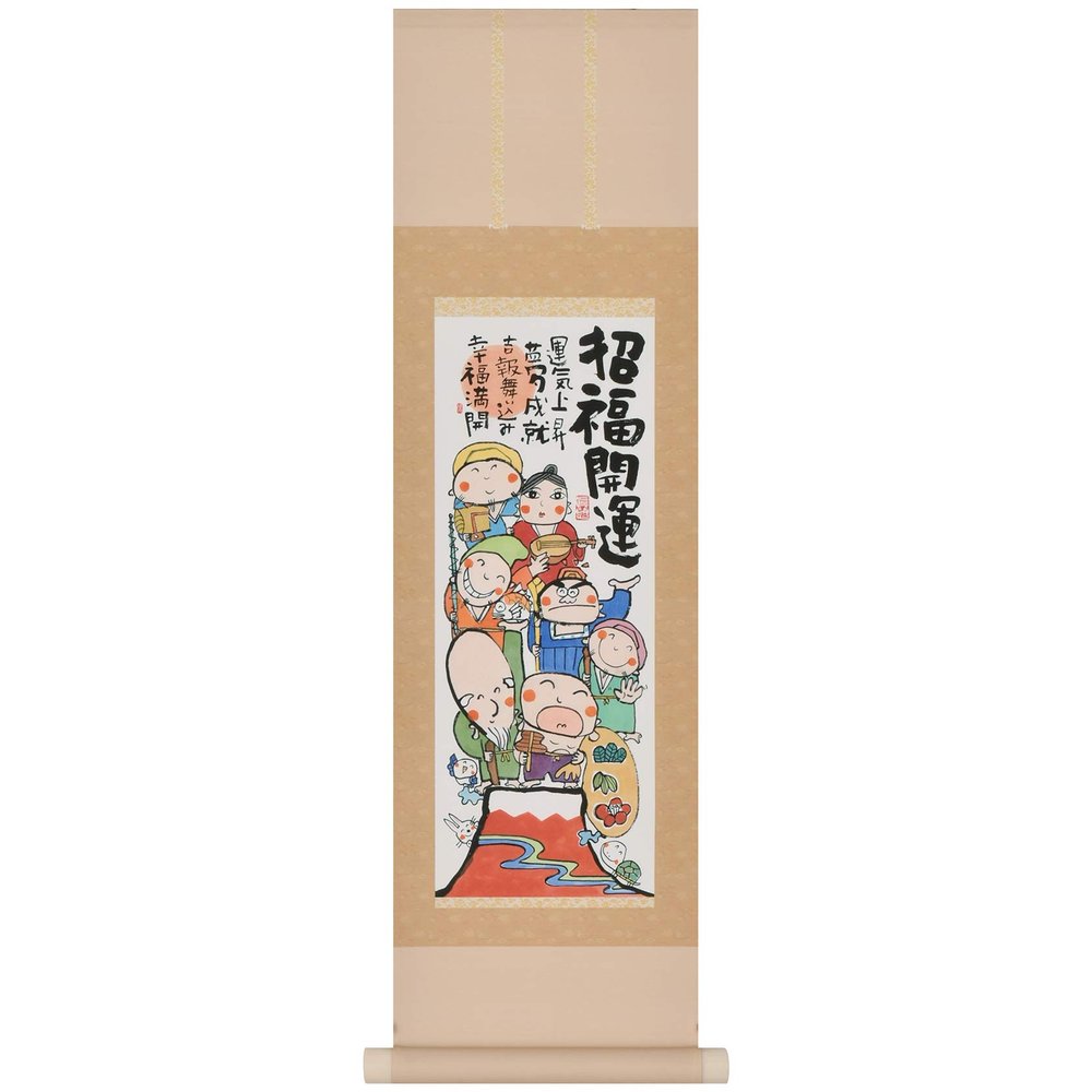 Karu!jiku(Mini kakejiku Japanese Scroll Wall Art Traditional-Modern Style (Shichifukujin - The Seven Deities of Good Fortune)